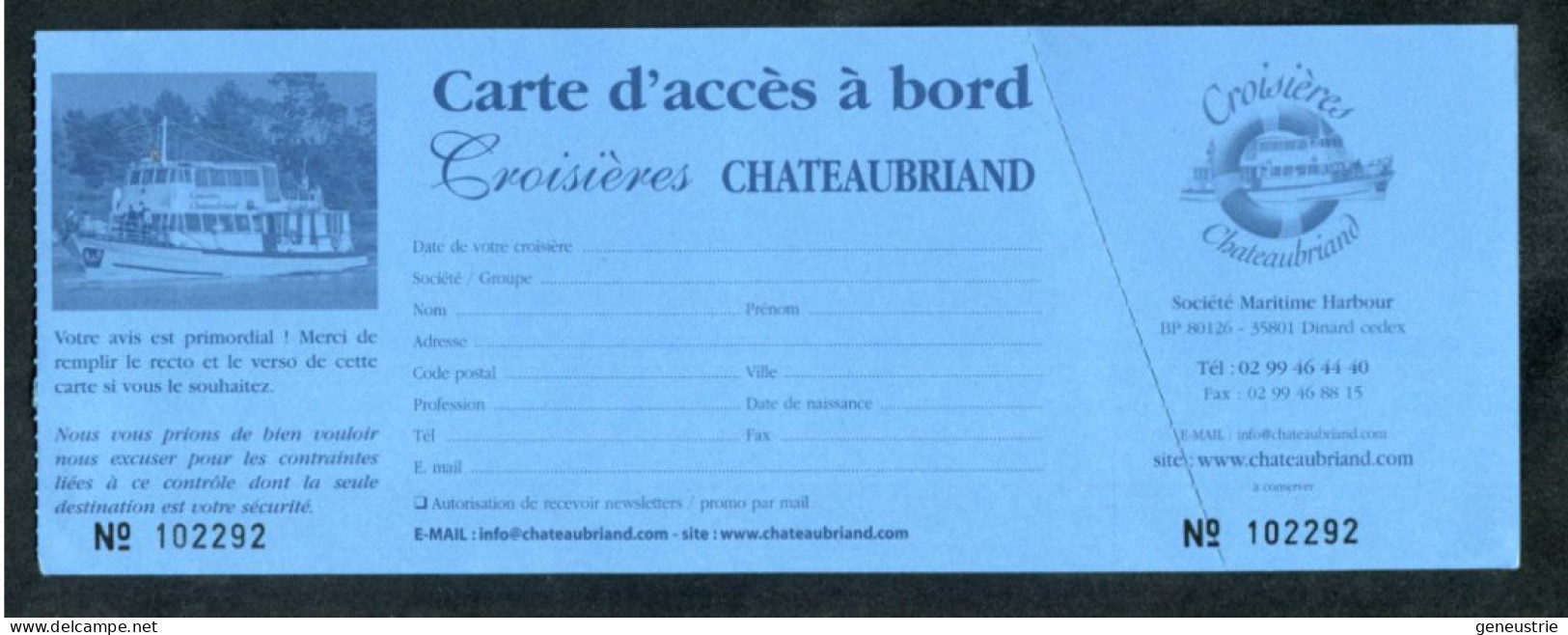 Ticket De Transport - Carte D'accés à Bord "Croisières Chateaubriand à Dinard" Près Saint Malo - Europe