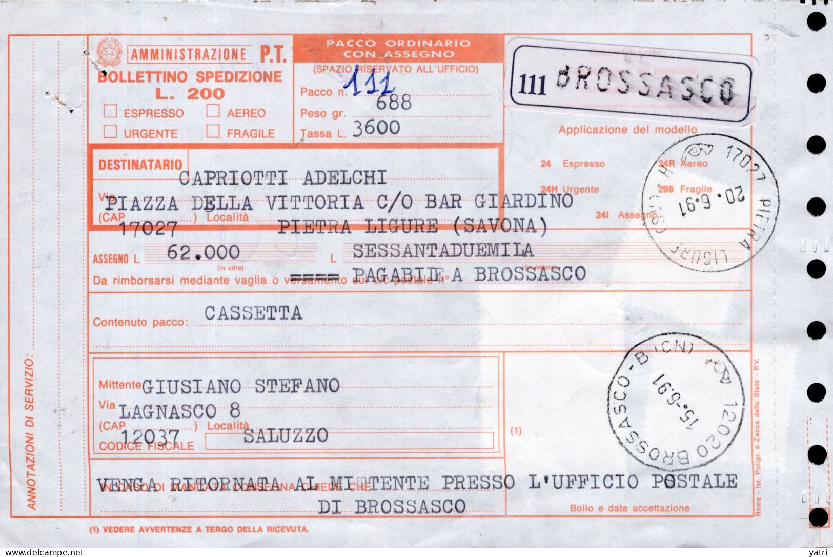 Italia (1991) - Bollettino Pacchi Contrassegno Da Saluzzo Per Pietra Ligure - Cassetta - Postpaketten