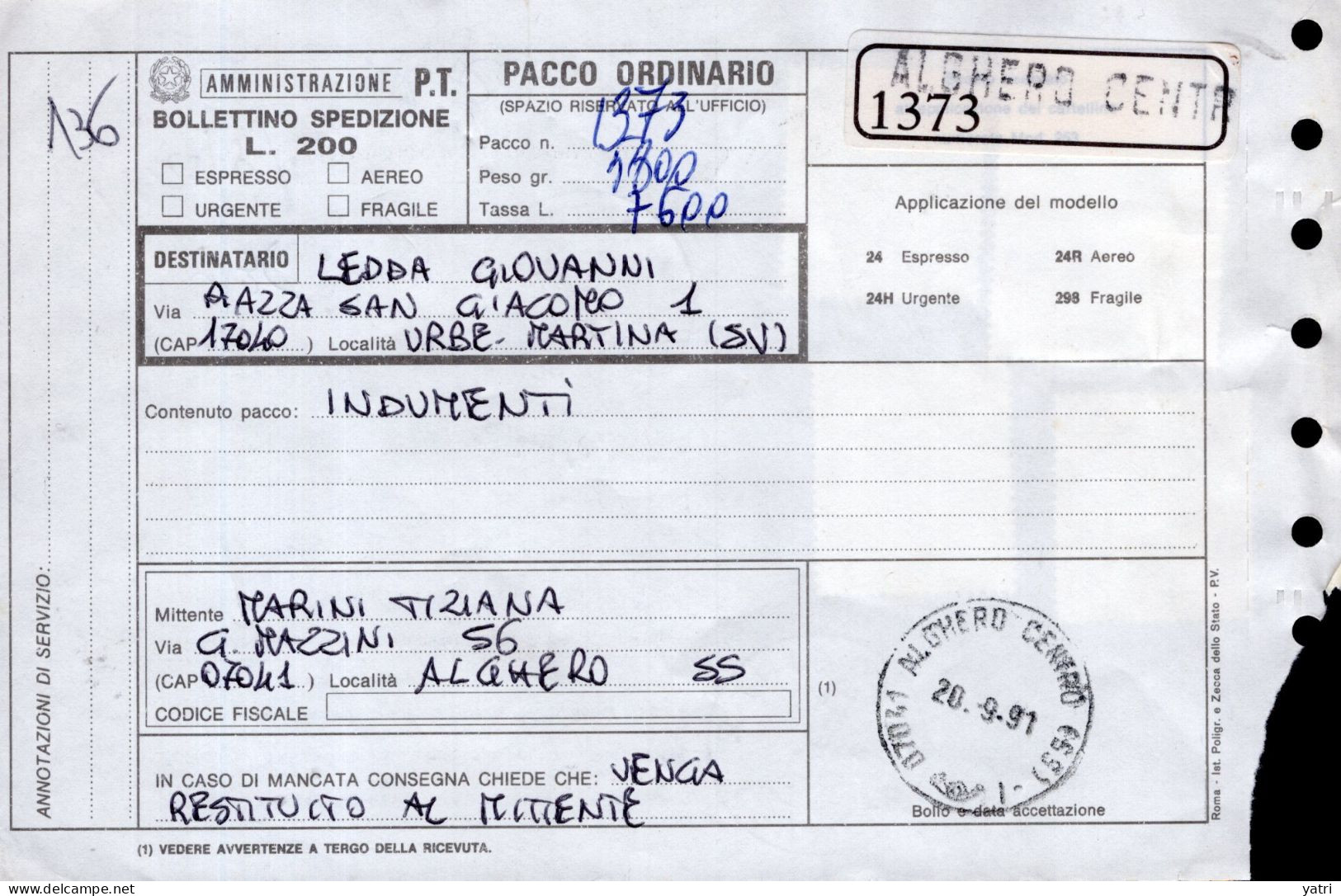 Italia (1991) - Bollettino Pacchi Da Alghero Per Urbe Fraz. Martina - Indumenti - Postpaketten