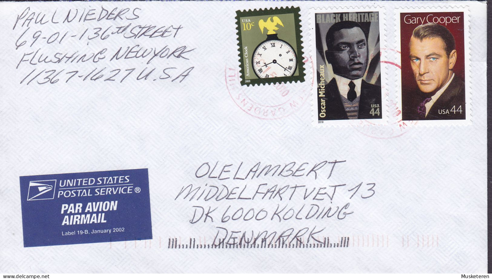 United States Air Mail Label NEW YORK 2010 Cover Brief Lettre KOLDING Denmark American Clock Oscar Micheaux Gary Cooper - Briefe U. Dokumente