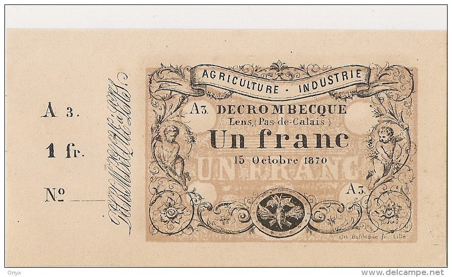 FRANCE / FRANCIA -  1FRANC - DECROMBECQUE . LENS PAS De CALAIS 1870 - UNC - Bons & Nécessité