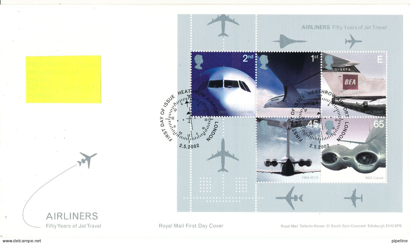 Great Britain FDC 2-5-2002 Airliners Souvenir Sheet With Cachet Sent To Denmark - 2001-2010 Decimal Issues