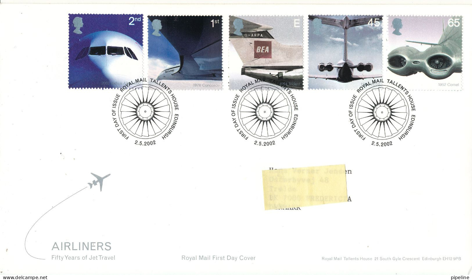 Great Britain FDC 2-5-2002 Airliners Complete Set Oif 5 With Cachet Sent To Denmark - 2001-2010 Em. Décimales