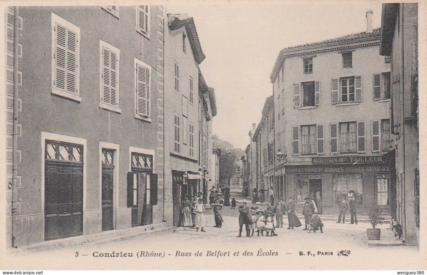 69 CONDRIEU          Rues De Belfort Et Des Ecoles     ...avec  Tailleur MOUTON M.   TB PLAN     Env.1910.     RARE - Condrieu