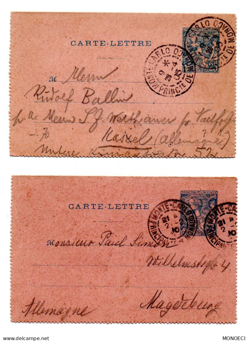 MONACO -- MONTE CARLO -- ENTIER POSTAL -- 2 Cartes Lettres -- 25 C. Bleu Sur Rose Prince Albert 1er (1903) - Postwaardestukken