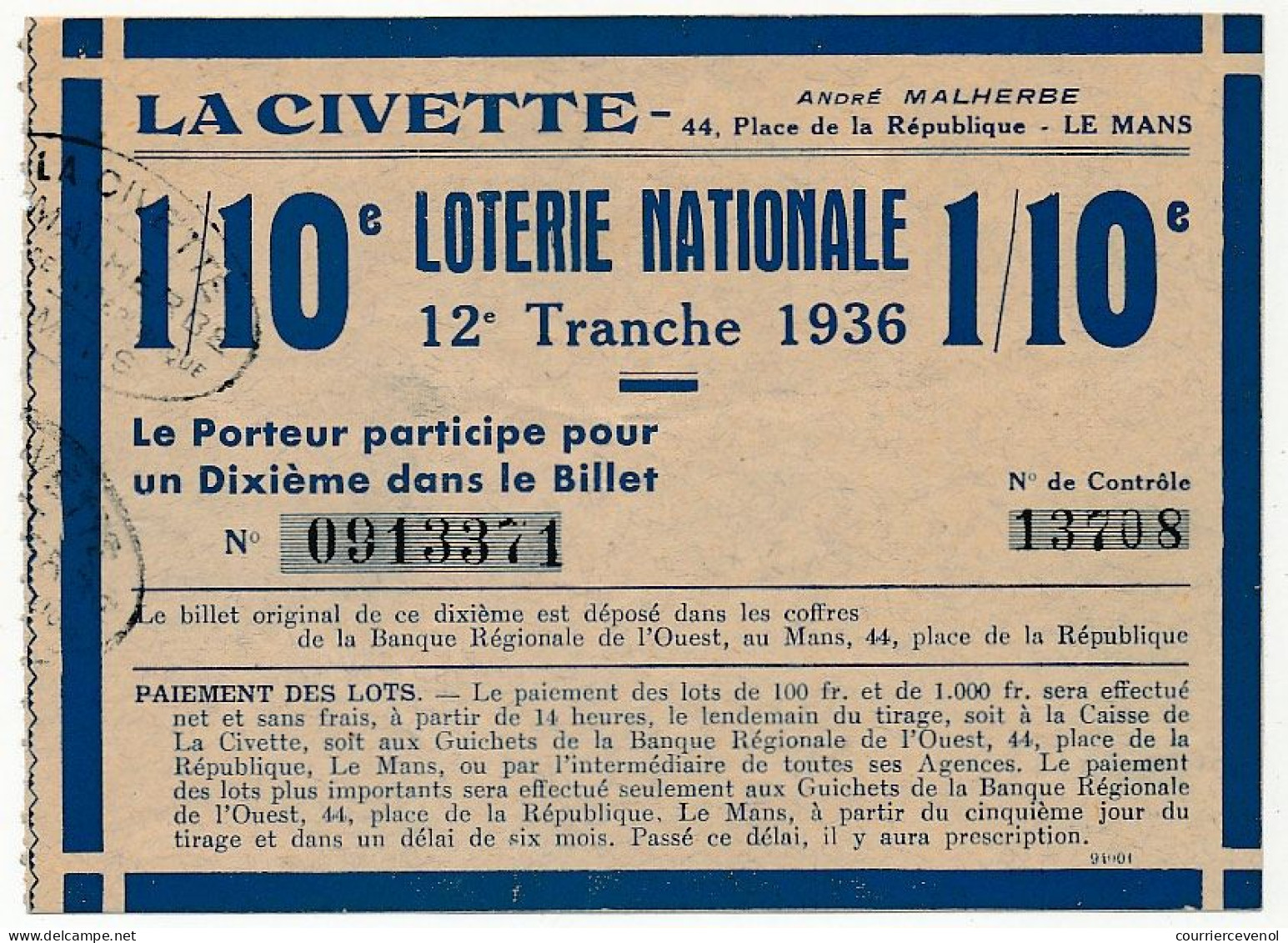FRANCE - Loterie Nationale - La Civette (Le Mans) - 1/10ème - 12ème Tranche 1936 - Billets De Loterie