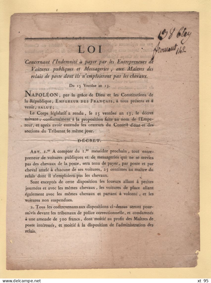 Loi - An 13 - Maitres Des Postes - Transport Des Depeches - Chevaux Voitures - Napoleon - 1801-1848: Precursors XIX