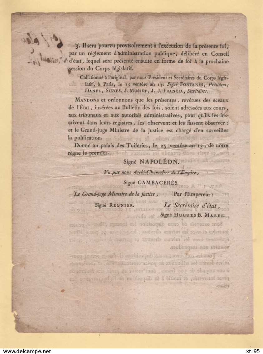 Loi - An 13 - Maitres Des Postes - Transport Des Depeches - Chevaux Voitures - Napoleon - 1801-1848: Vorläufer XIX
