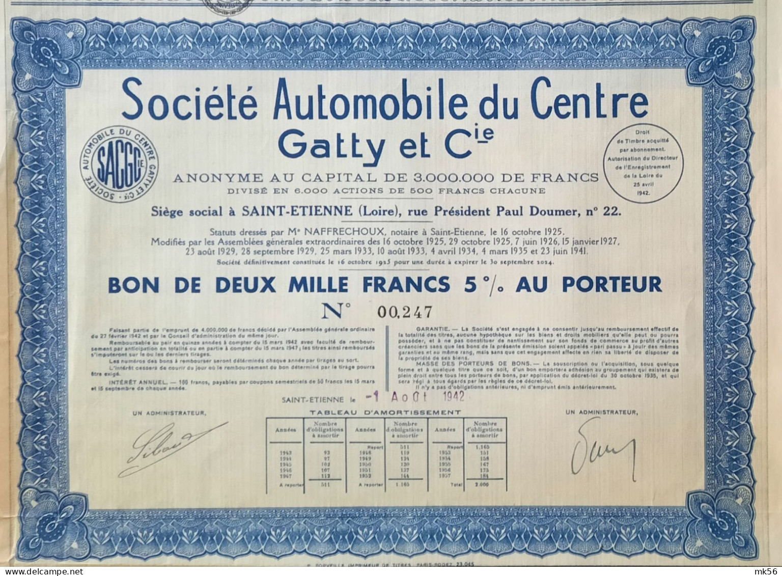 Société Automobile Du Centre Gatty Et Cie - 1941 - Bon De 2000 Francs 5 % - Saint-Etienne (Loire) - Automobilismo