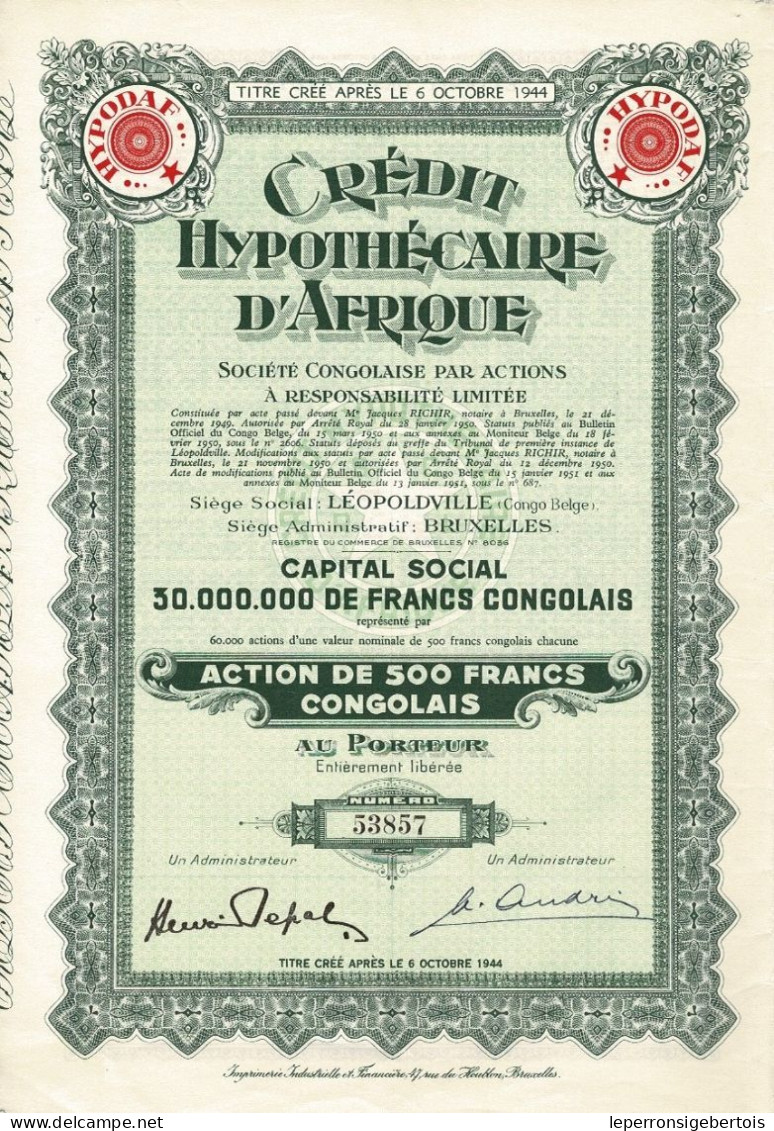 - Titre De 1951- Crédit Hypothécaire D'Afrique - Société Congolaise Par Actions à Responsabilité Limitée - N°53857 - Afrika