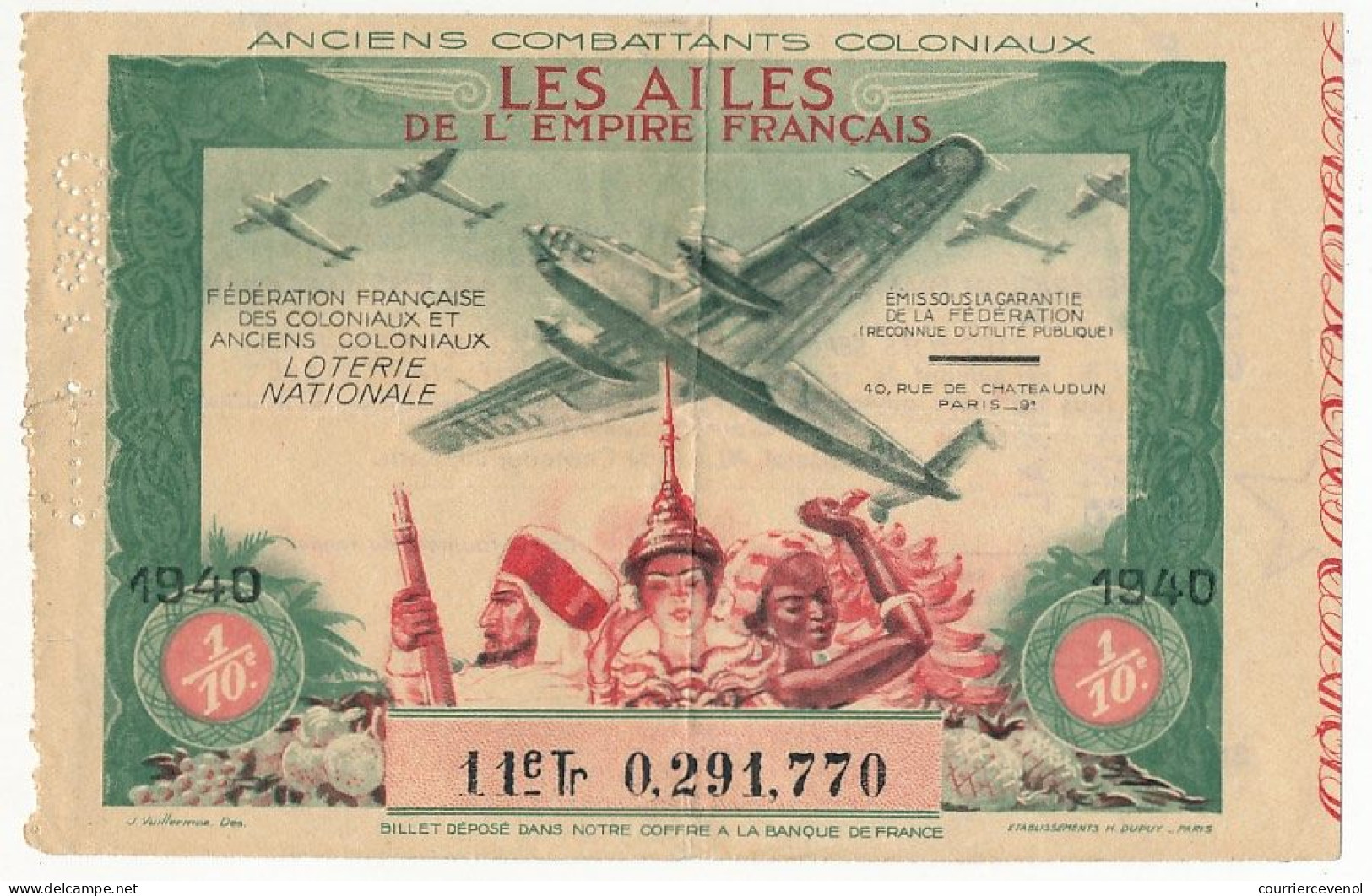 FRANCE - Loterie Nationale - Les Ailes De L'Empire Français - 1/10ème - 11ème Tranche 1940 - Lotterielose