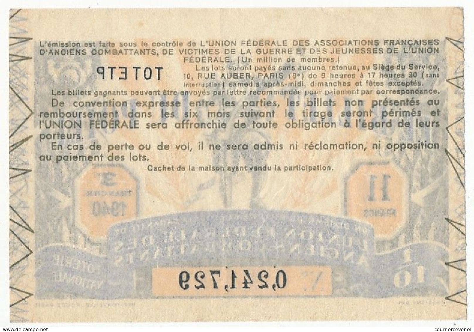 FRANCE - Loterie Nationale - Le Billet Du Poilu - 1/10ème - 3ème Tranche 1940 - Billets De Loterie