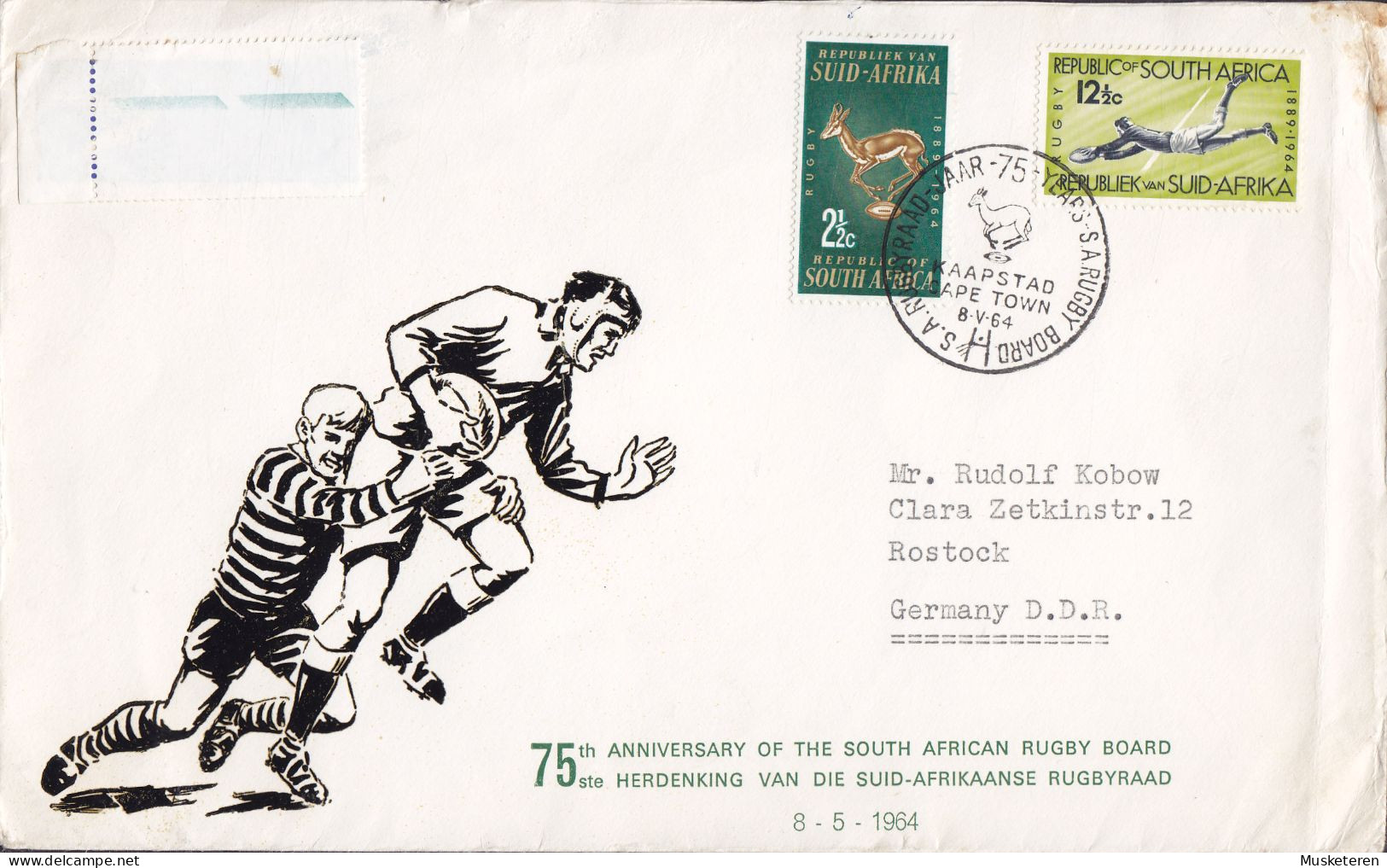 South Africa 1964 FDC Cover 75th Anniversary South African Rugby Board Complete Set Sent To Germany DDR. - FDC