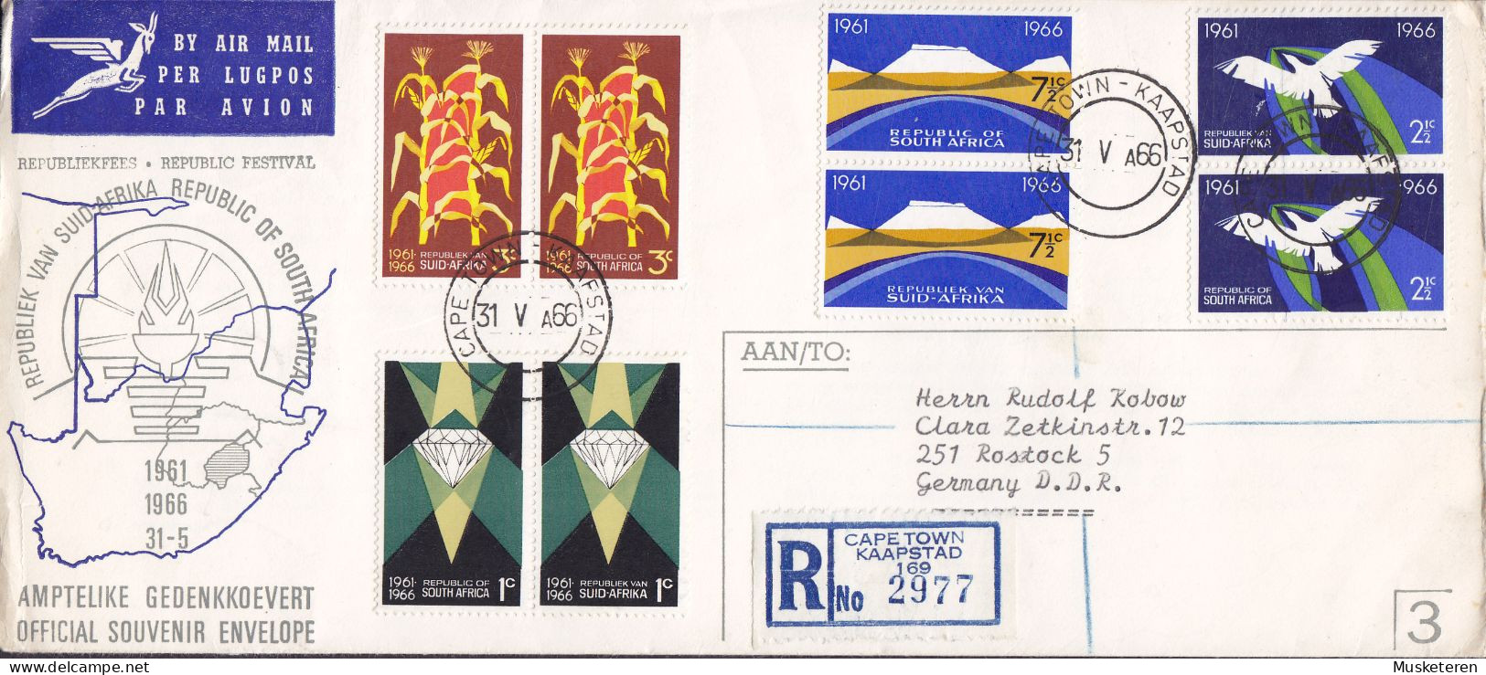 South Africa Air Mail & Registered Labels CAPE TOWN 1966 FDC Cover 5th Republic Anniversary Complete Set In PAIRS !! - FDC