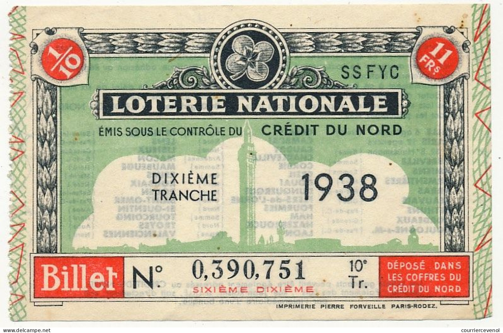 FRANCE - Loterie Nationale - Crédit Du Nord - 1/10ème - 10ème Tranche 1938 - Lottery Tickets