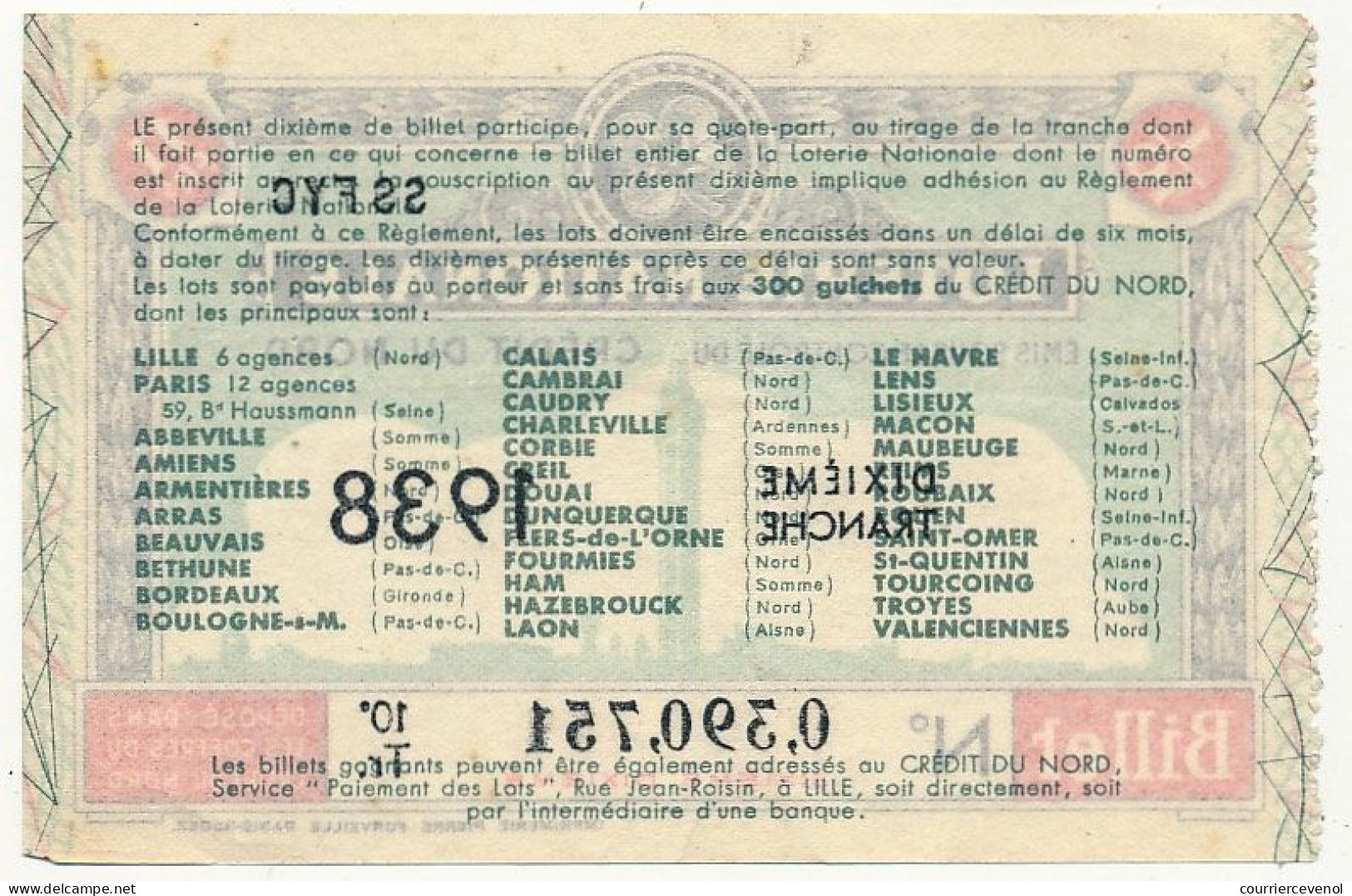 FRANCE - Loterie Nationale - Crédit Du Nord - 1/10ème - 10ème Tranche 1938 - Billets De Loterie