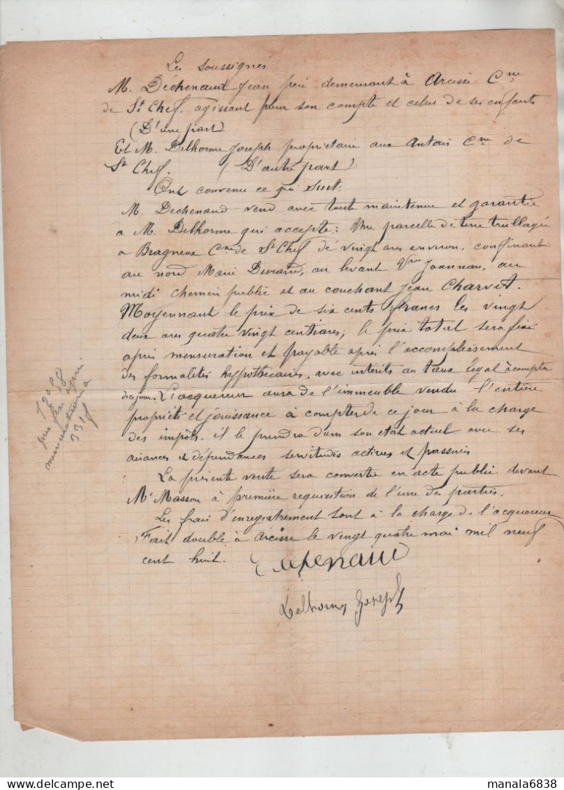 Vente 1908 Déchenaud Arcisse Saint Chef Delhorme Propriétaire Durand Joannon Charvet - Non Classés