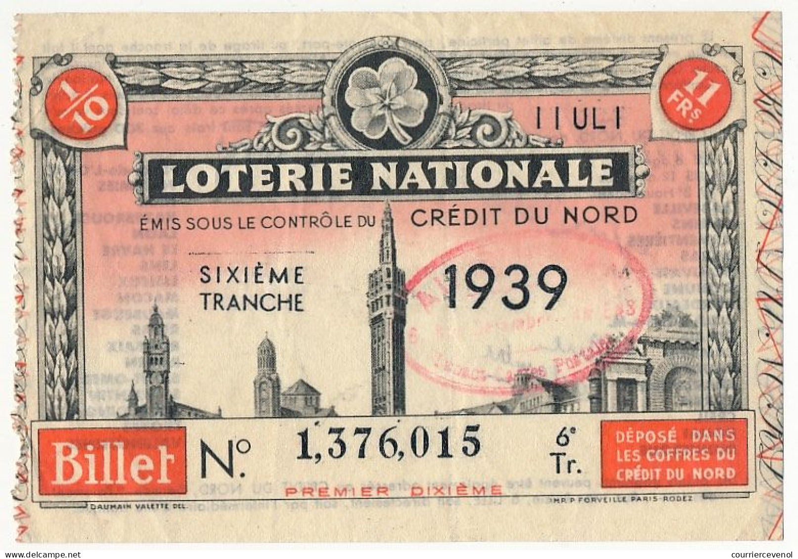FRANCE - Loterie Nationale - Crédit Du Nord - 1/10ème - 6ème Tranche 1939 - Billets De Loterie