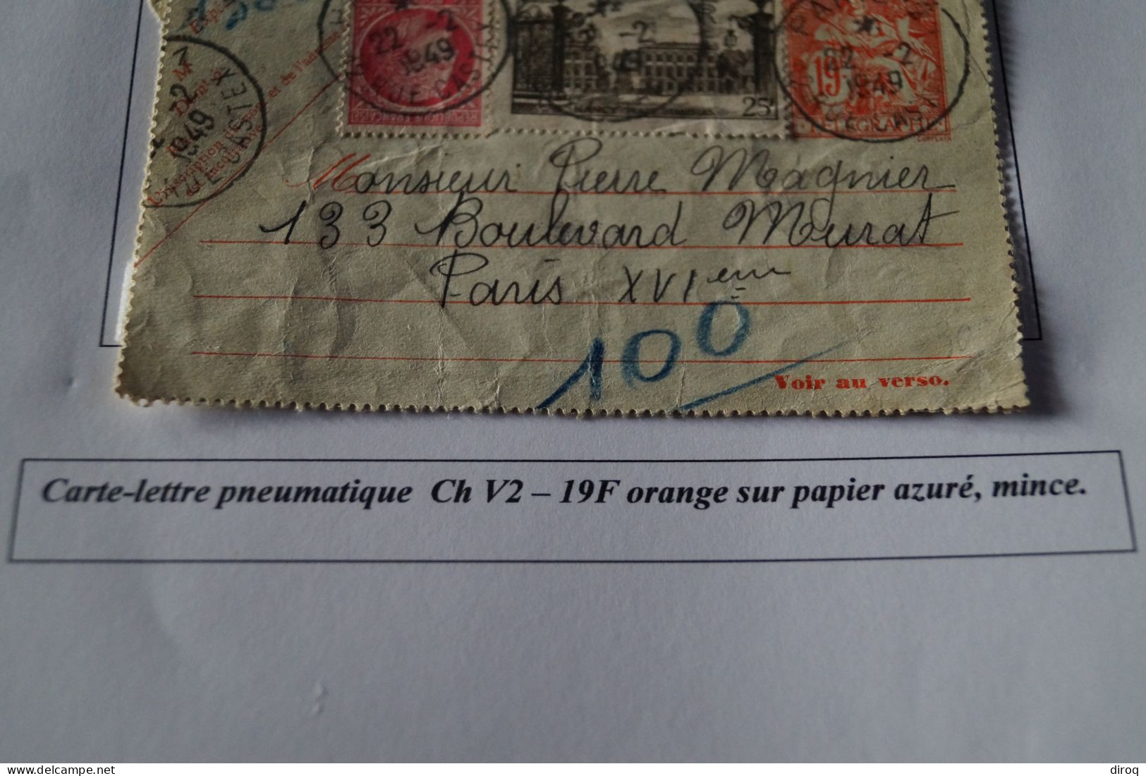 Superbe Envoi,courrier,type Chapelain 1947,oblitération 1949,pour Collection - Pneumatische Post