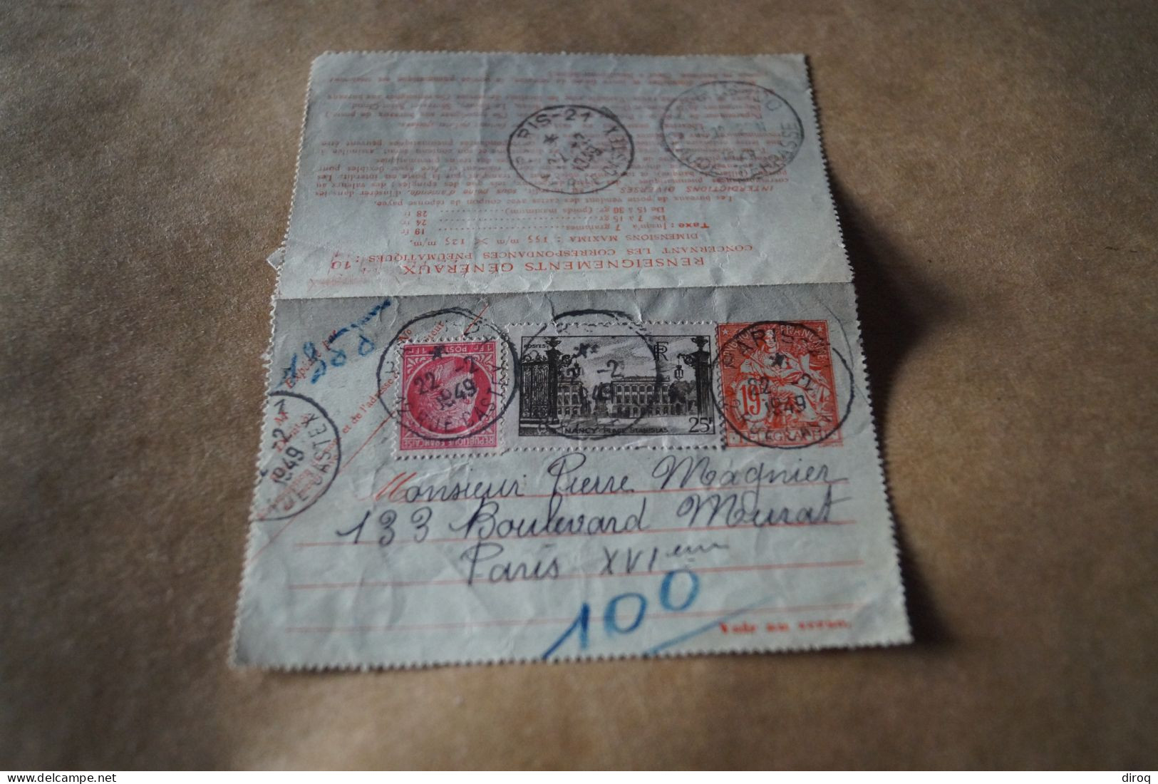 Superbe Envoi,courrier,type Chapelain 1947,oblitération 1949,pour Collection - Pneumatische Post