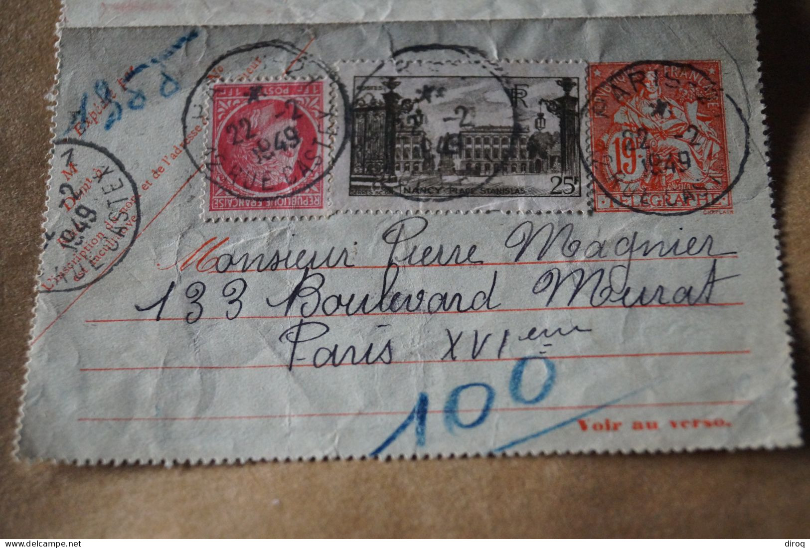 Superbe Envoi,courrier,type Chapelain 1947,oblitération 1949,pour Collection - Pneumatische Post