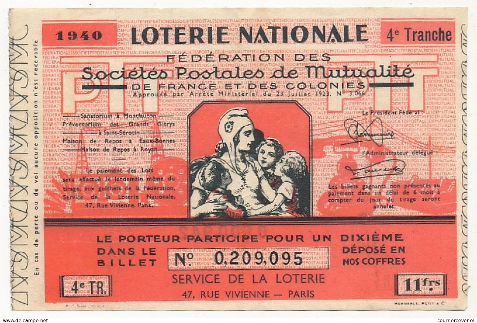 FRANCE - Loterie Nationale - Fédération Des Sociétés Postales De Mutualité - 1/10ème - 4ème Tranche 1940 - Lottery Tickets