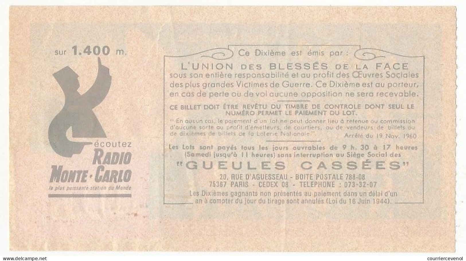 FRANCE - Loterie Nationale - St Jean / Les Gueules Cassées - 1/10ème - 31ème Tranche 1976 - Lotterielose