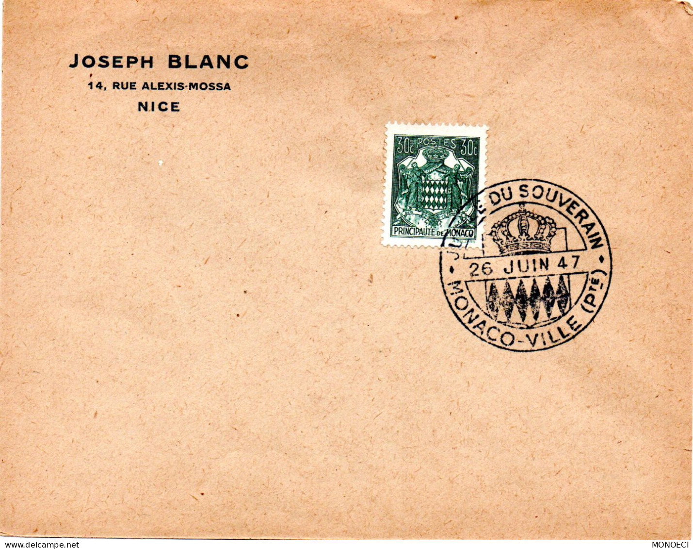 MONACO -- MONTE CARLO -- Enveloppe --  30 C. Armoiries Vert-bleu Seul Sur Enveloppe Jubilé Du Souverain 26 Juin 1947 - Usati