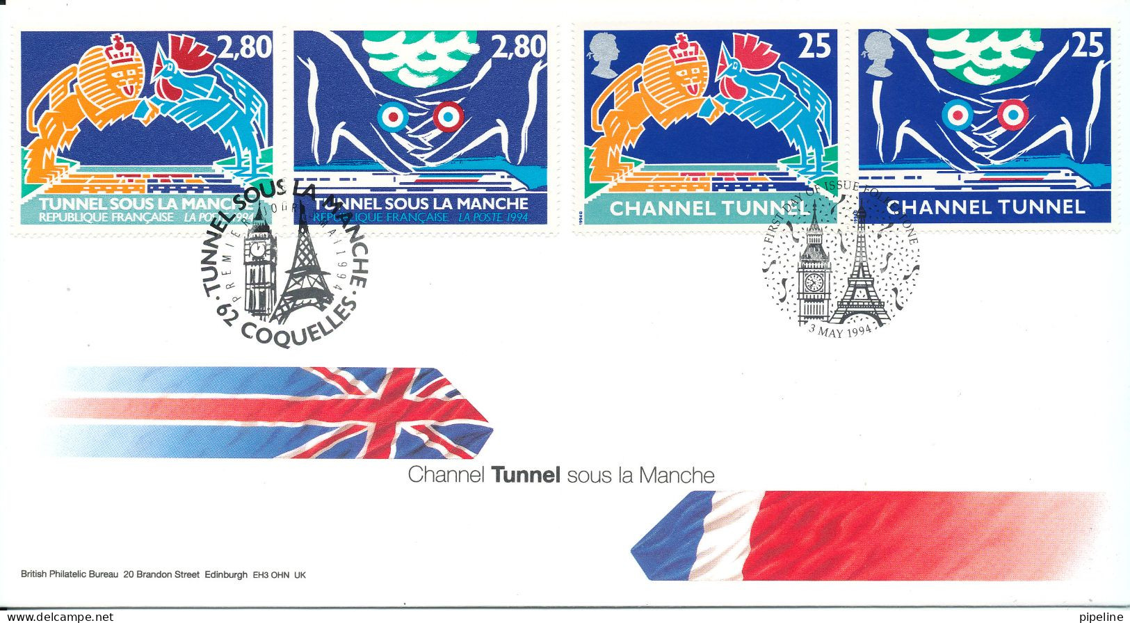 Joint Issue: France & Great Britain FDC 3-5-1994 Channel Tunnel Complete Set From Both Countriues On 1 Cover With Cachet - Gezamelijke Uitgaven