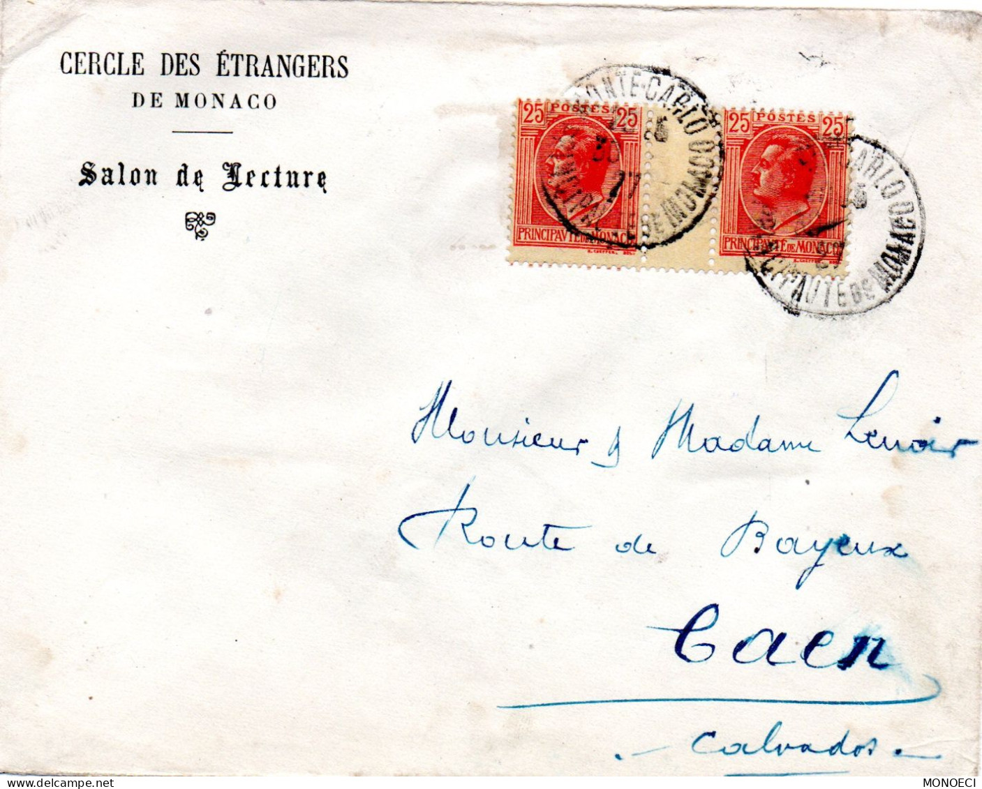 MONACO -- MONTE CARLO -- Enveloppe --  Paire Pont Interpanneaux Timbres 25 C.rouge Sur Jaune Prince Louis II - Gebruikt