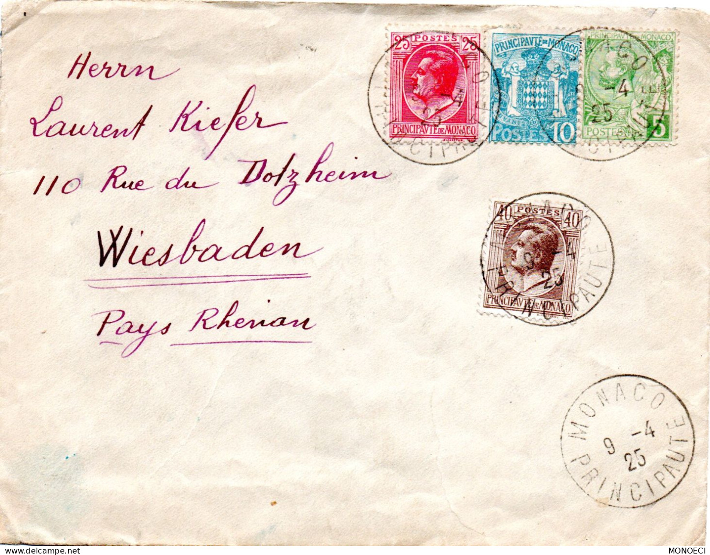 MONACO -- MONTE CARLO -- Enveloppe -- Affranchissement Divers -- Cad Monaco 9.4.1925 Pour WIESBADEN (Allemagne) - Gebruikt