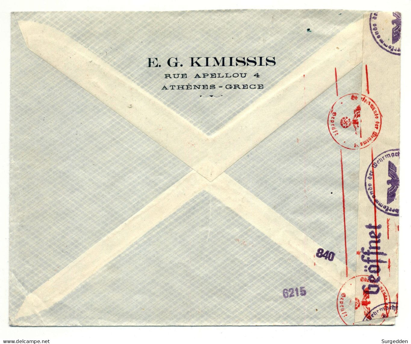 Athenes - Athen Ca. 1940 - Nach Eschwege, Zensur, Luftpost, Mi. 405 U. 4 X Zwangszuschagsmarke 67 - Briefe U. Dokumente