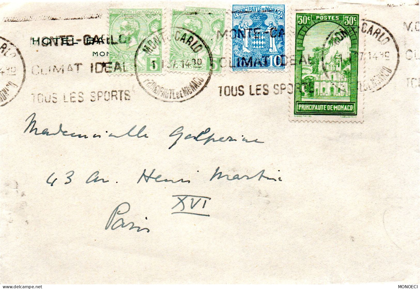 MONACO -- MONTE CARLO -- Enveloppe -- Affranchissement Divers Cad Monte Carlo 1.1.1937 Pour Paris - Usados