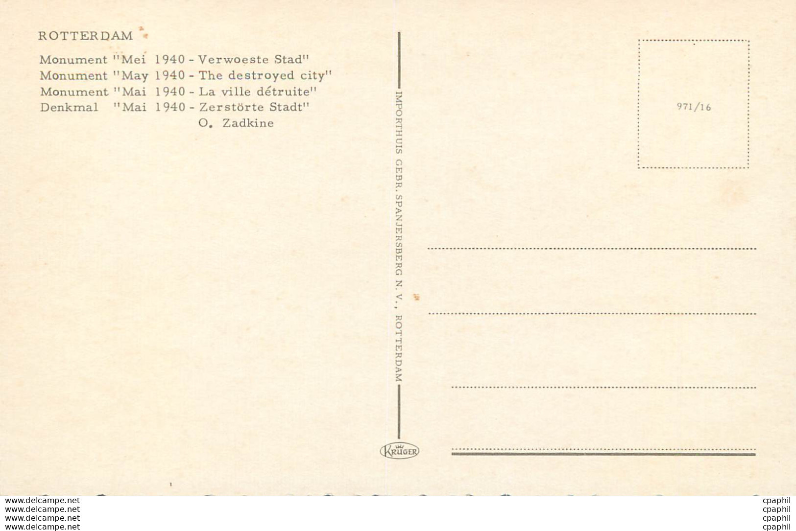 CPM Rotterdam Monument May 1940 The Destroyed City Militaria - Rotterdam