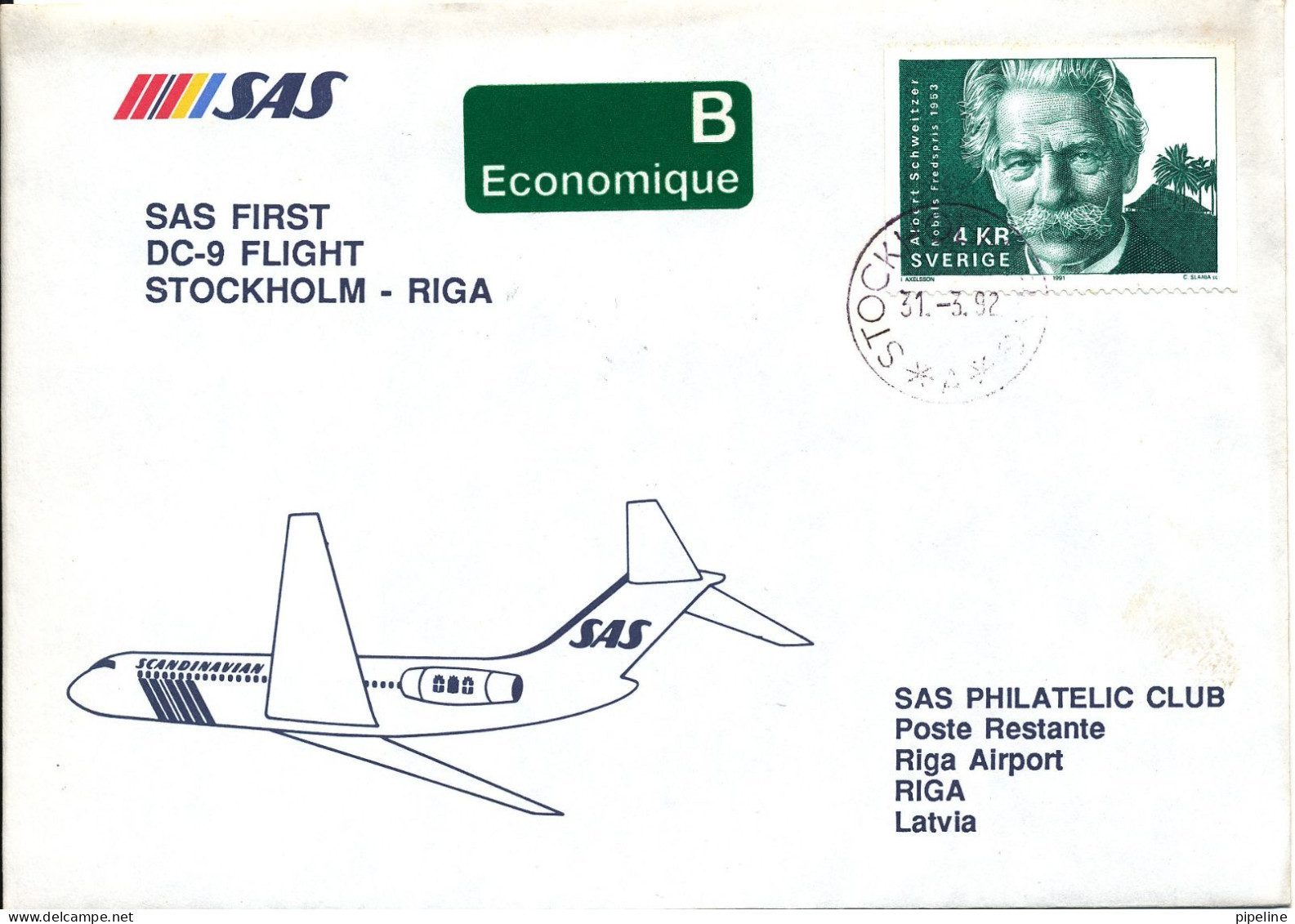 Sweden Cover First SAS DC-9 Flight Stockholm - Riga 31-3-1992 - Covers & Documents