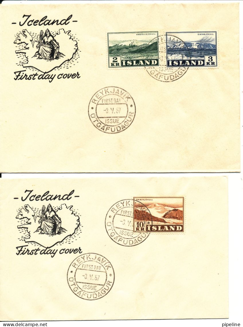 Iceland FDC 8-5-1957 Glaciers Complete Set Of 3 On 2 Covers With Cachet (The Envelopes Are Pasted On Cardboard) - FDC