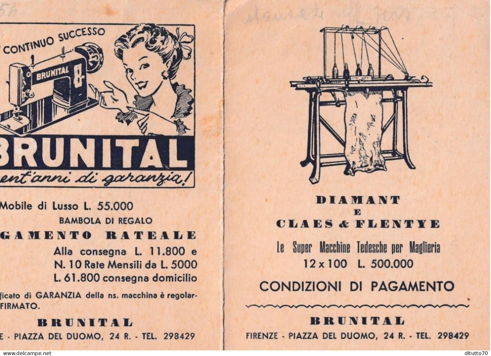 Calendarietto - Brunital - Le Super Macchine Tedesche Per Maglierie - Firenze - Anno 1954 - Petit Format : 1941-60