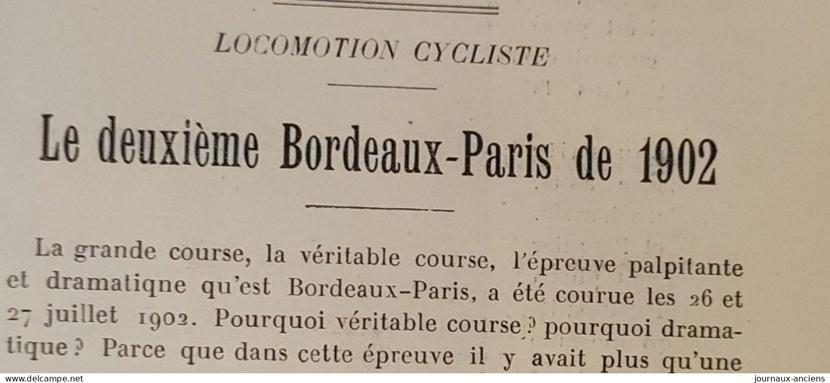 1902 Revue " LA LOCOMOTION " -  CYCLISME - BORDEAUX - PARIS - LE DEUXIÈME - Maurice GARIN - Cyclisme