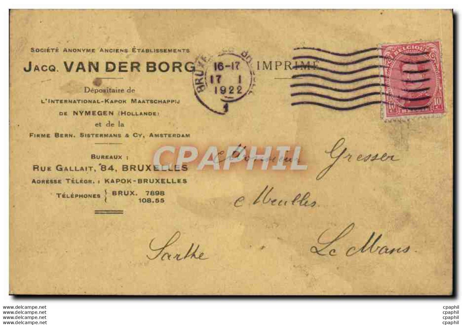 Entier Postal Belgique Jacq Van Der Borg Rye Gallait Bruxelles 1922 - Briefumschläge