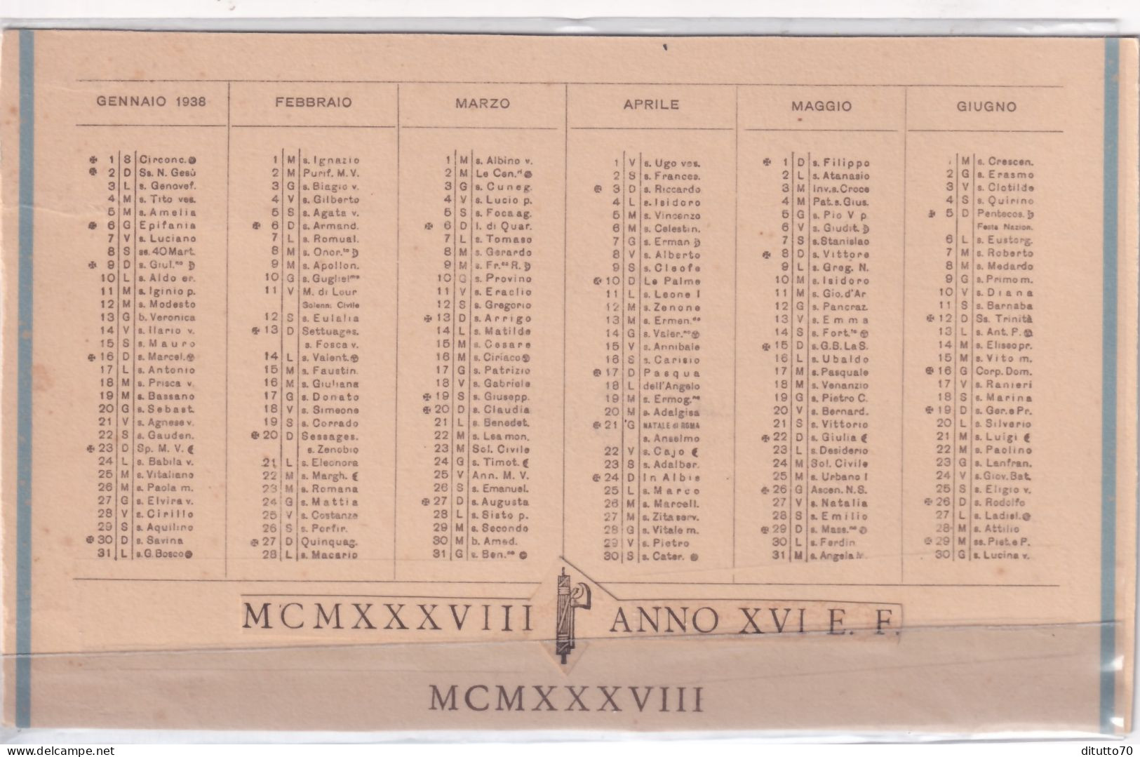 Calendarietto - Con Fascio - Anno 1938 - Petit Format : 1901-20