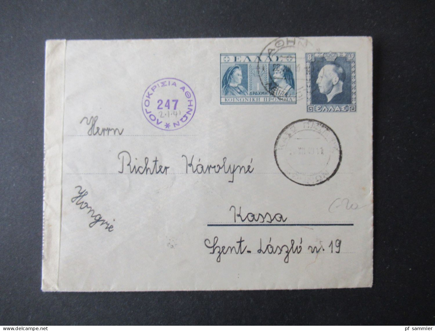 Griechenland 1940 GA Umschlag U5 Mit Griechischer Zensur / Zensurstempel Und Verschlussstreifen Nach Ungarn Gesendet - Interi Postali