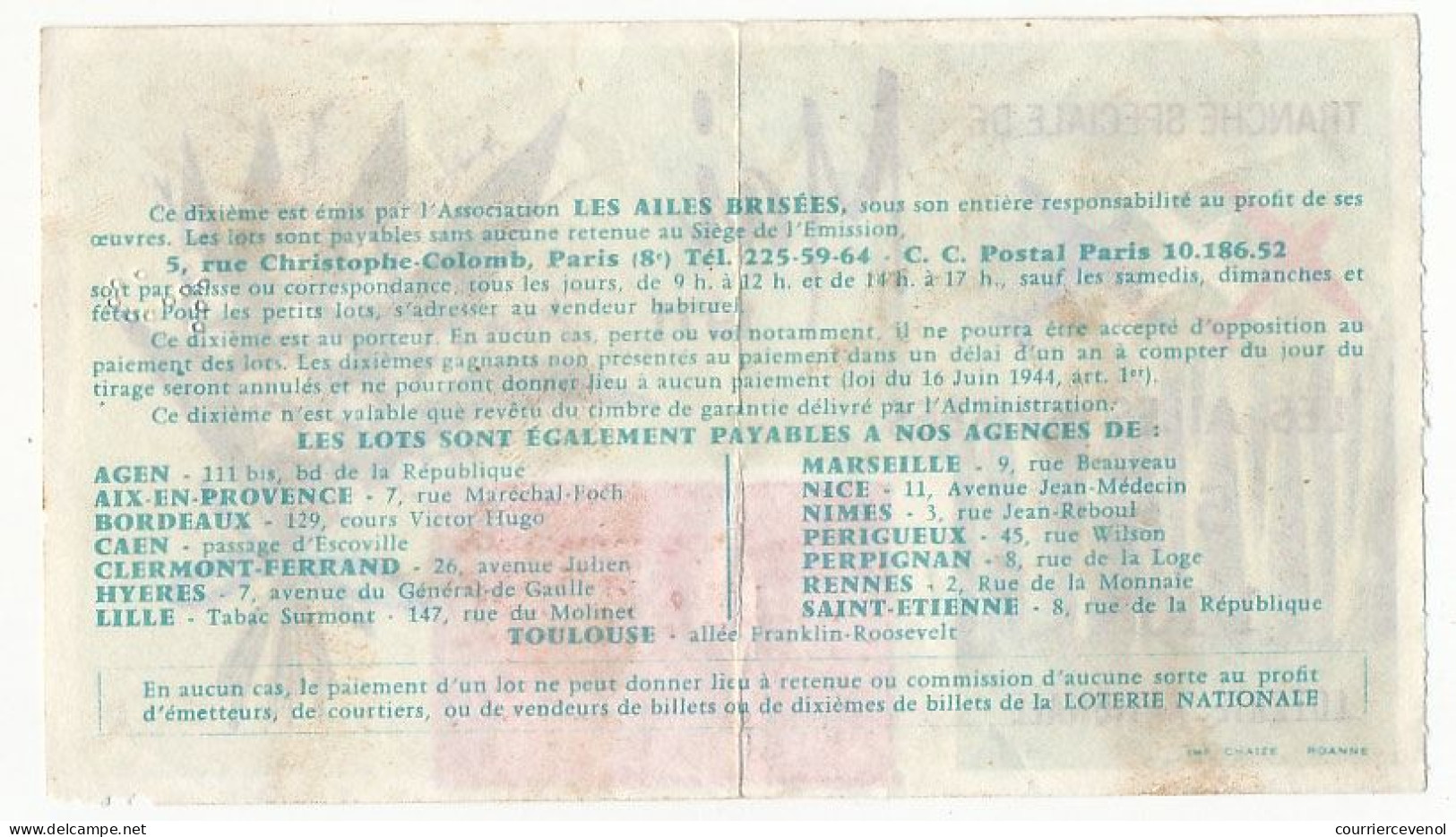 FRANCE - Loterie Nationale - Tranche Spéciale De Mai - Les Ailes Brisées - 1/10ème 1971 - Biglietti Della Lotteria