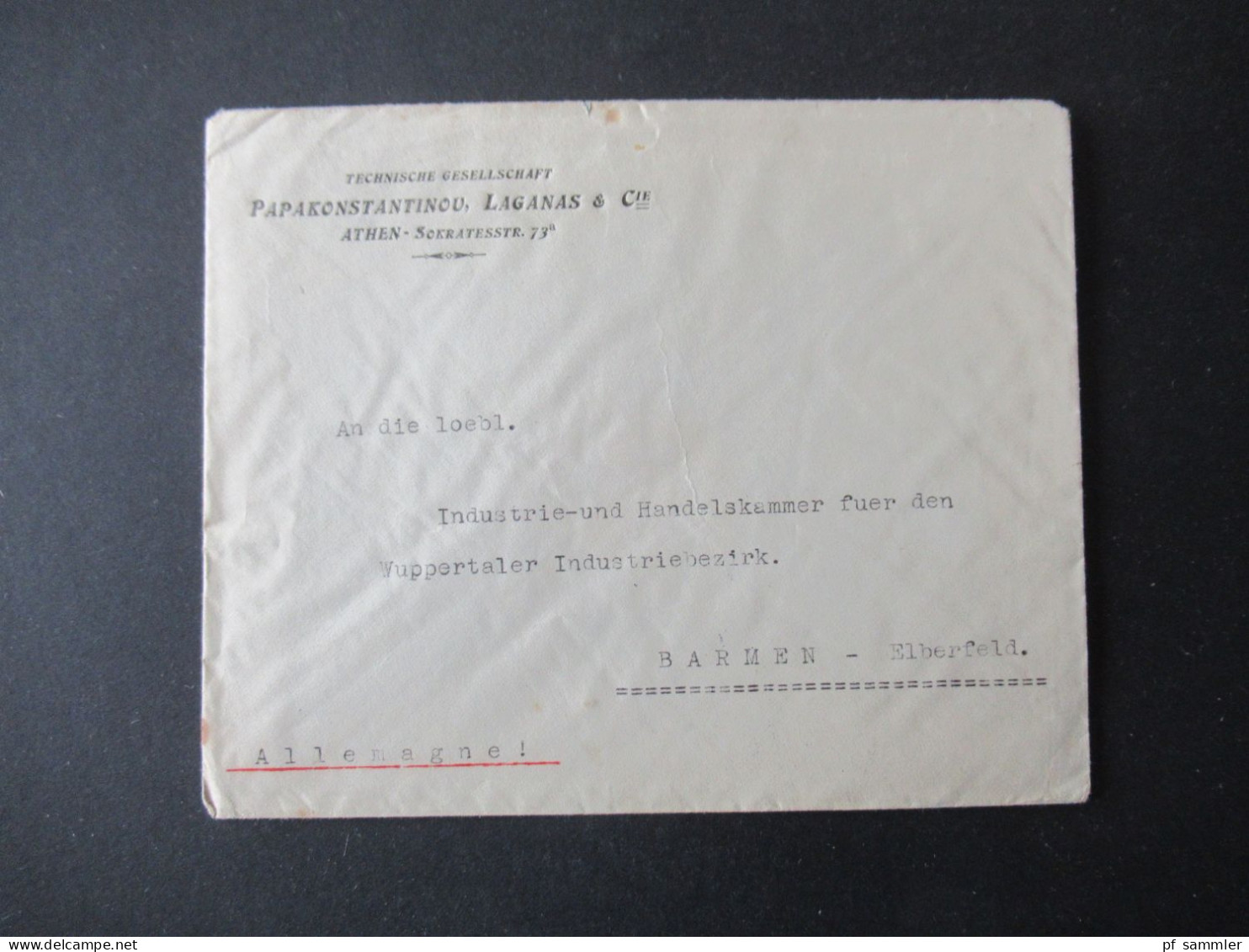 Griechenland 1923 Auslandsbrief Nach Barmen Umschlag Technische Gesellschaft Papakonstantinou, Laganas Athen Sokratesstr - Cartas & Documentos