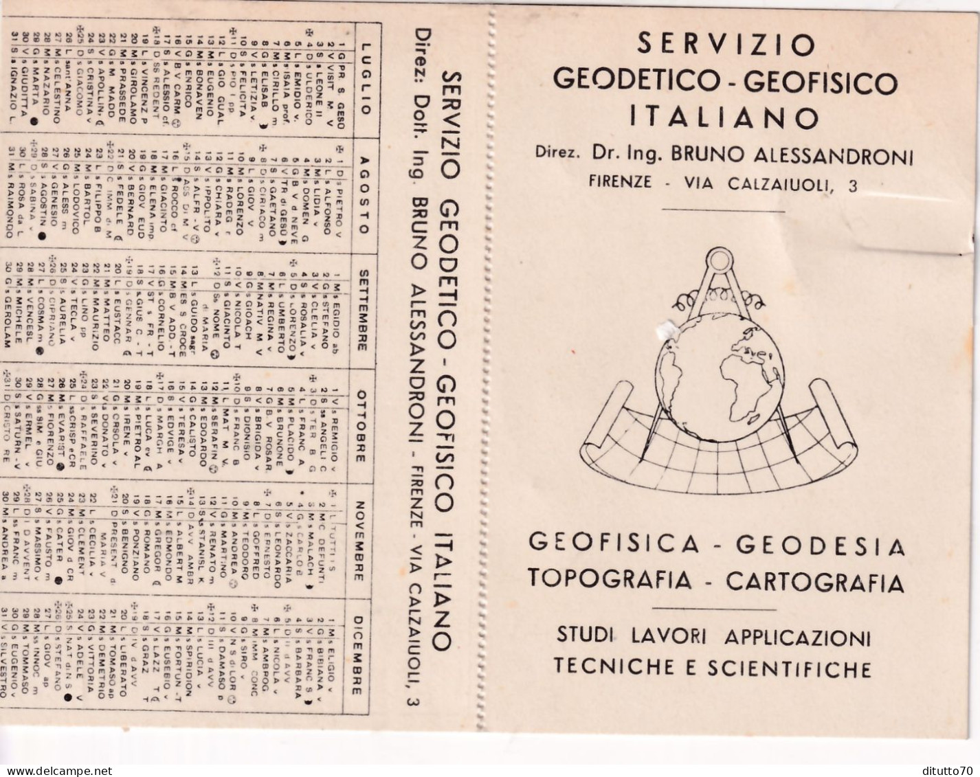 Calendarietto - Geofisica  - Geodesia - Topografia - Cartografia - Firenze - Anno 1954 - Formato Grande : 1941-60
