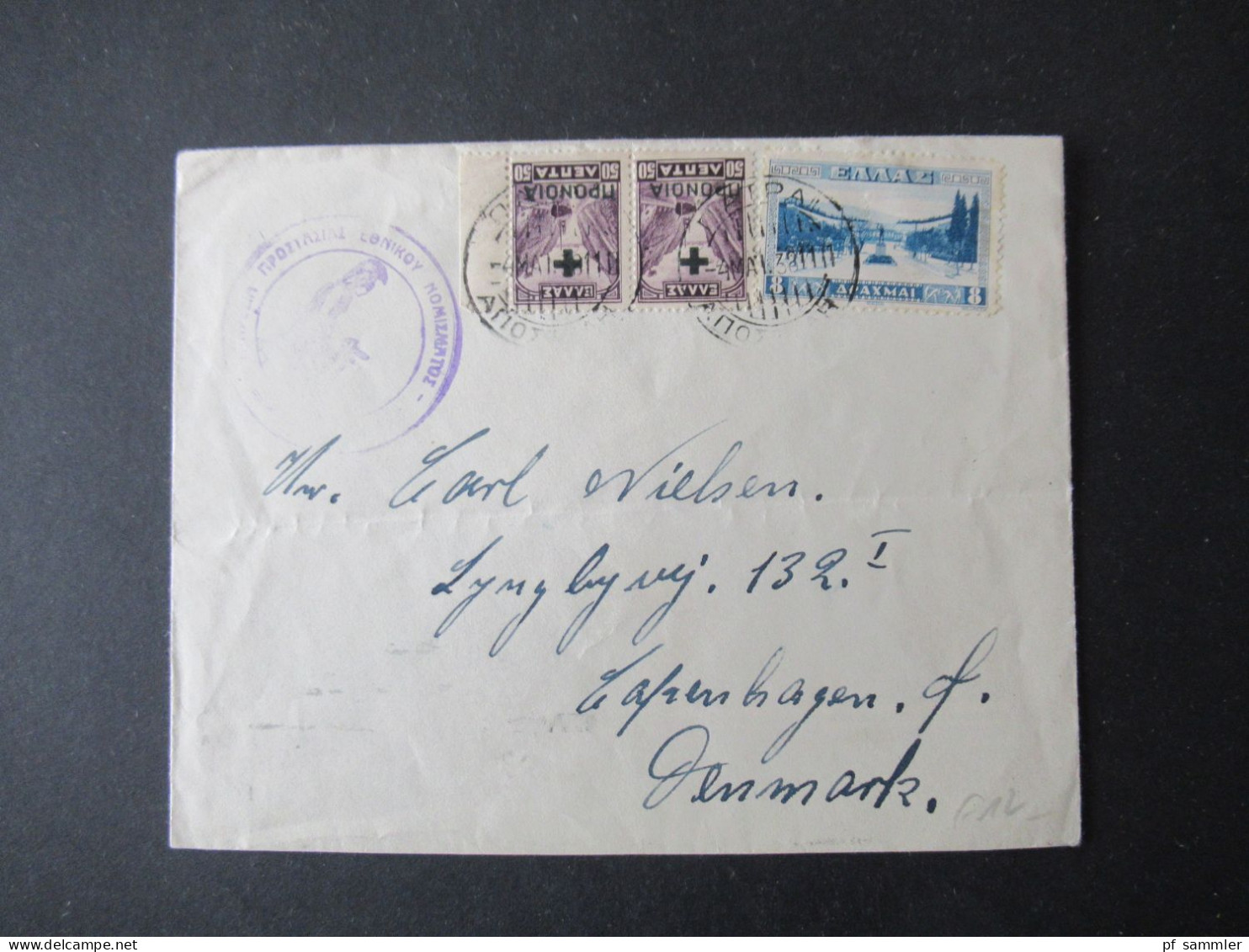 Griechenland 1938 Auslandsbrief Nach Dänemark Mit Violettem Stempel / Mi.Nr.372 MiF Zwangszuschlagsmarke - Covers & Documents