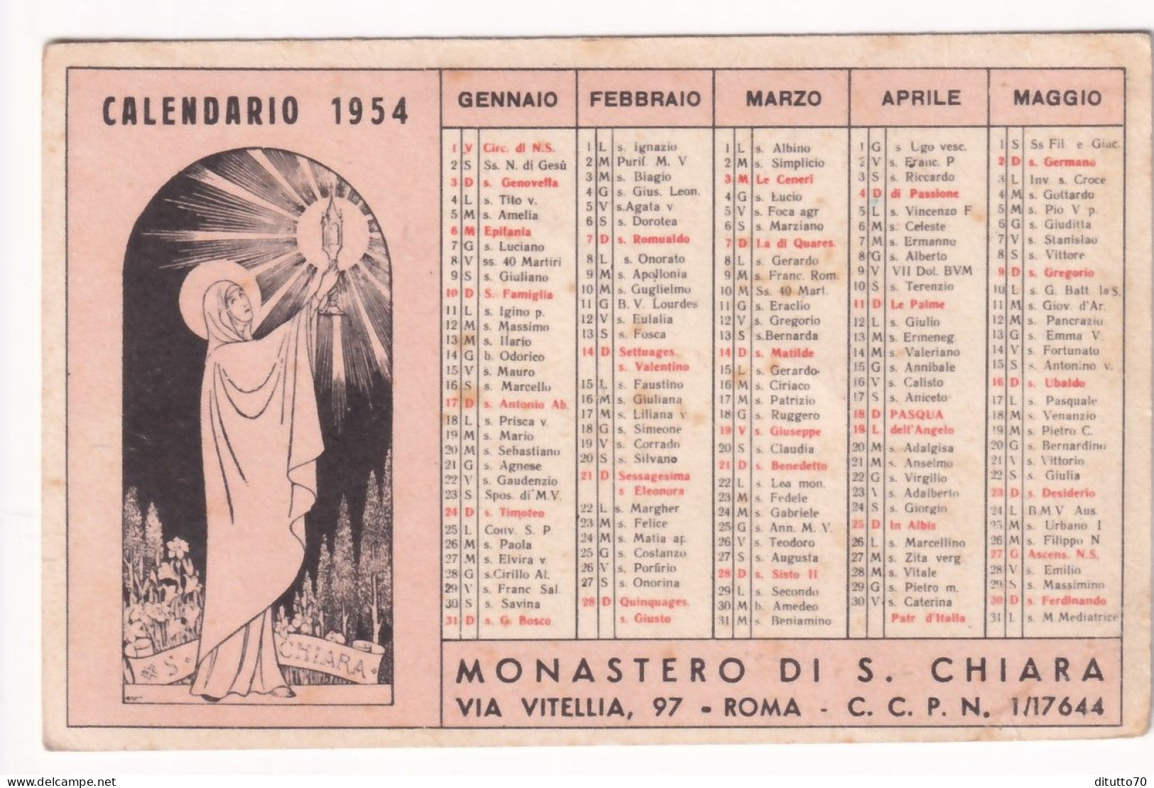 Calendarietto - Monastero Di S.chiara -roma - Anno 1954 - Petit Format : 1941-60