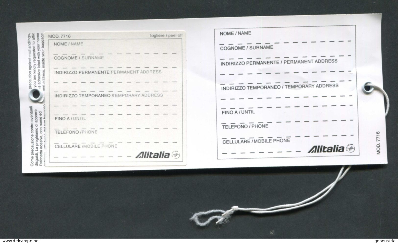 Etiquette De Bagage - Compagnie Aérienne Italienne "Alitalia" - Other & Unclassified