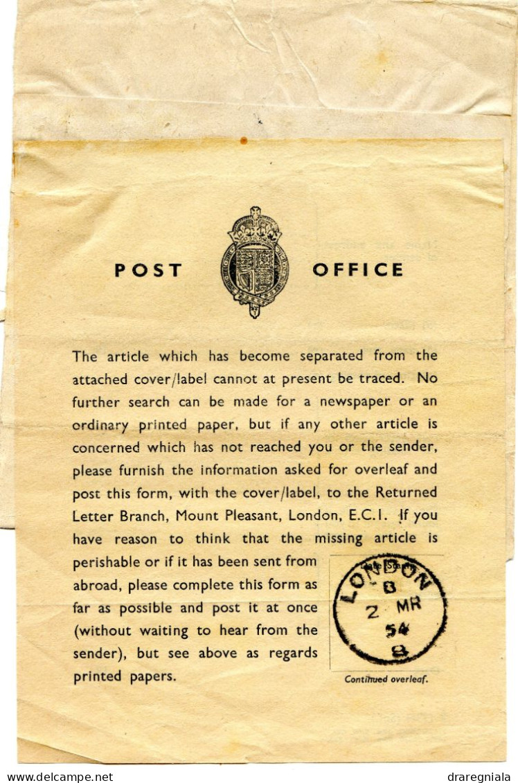 Bande Journal Nice Matin Abimée à Londres - Recherche De Post Office 1954 - Cartas Accidentadas