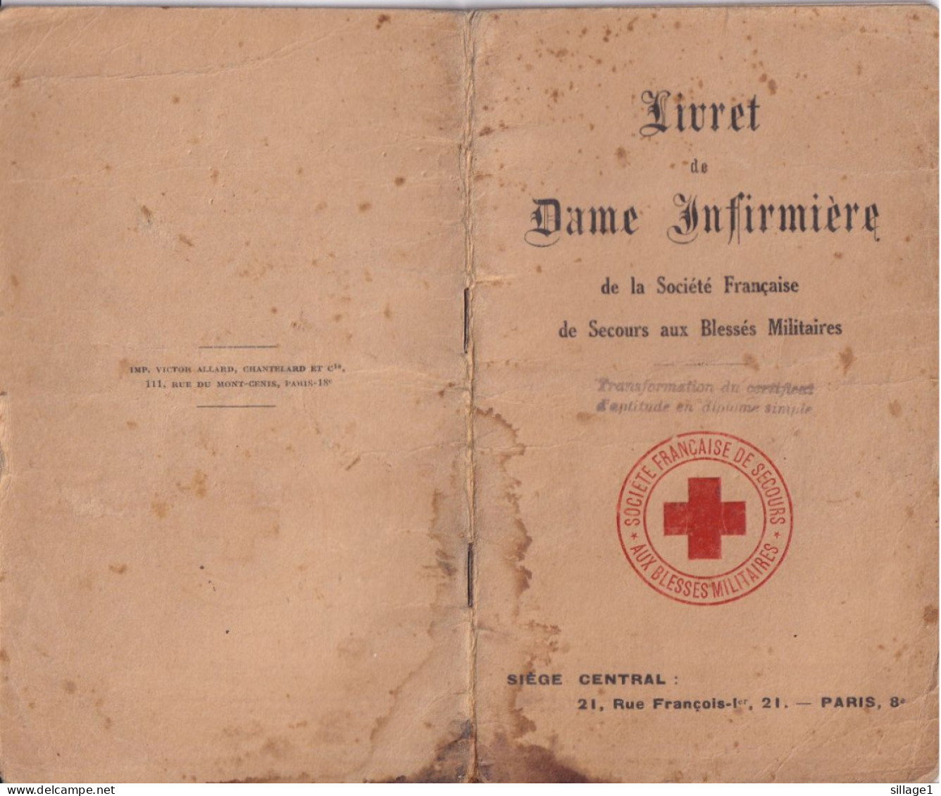 Boulogne S/Mer Livret De Dame Infirmière De Melle Wiart De 1930 Croix Rouge Française - 1915 - WW1 SSBM, ADF, UFF - Rotes Kreuz
