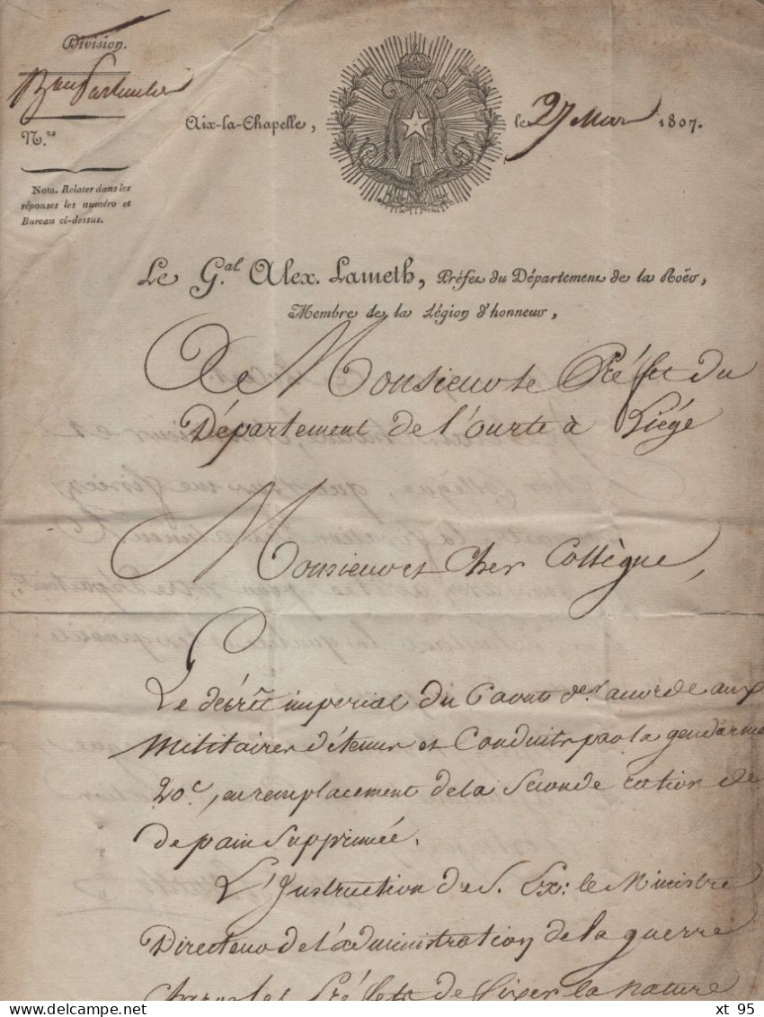 103 Aix La Chapelle - 1807 - Prefet Departement De Roer - Signature Prefet Alexandre Lameth - 1792-1815 : Departamentos Conquistados